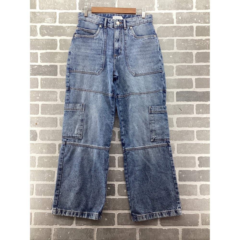 Avec Les Filles Womens Cargo Wide Leg Jeans Blue Medium Wash High Rise Size 29